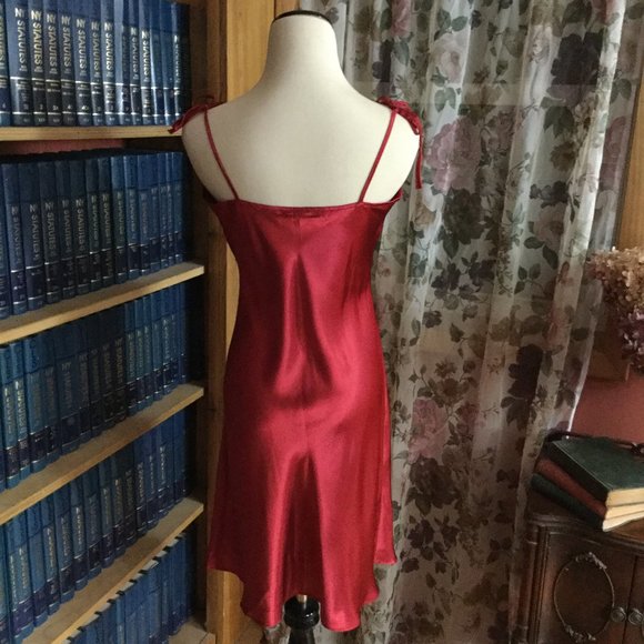 Red with White Lace Trim Charmeuse Chemise Nightie - Picture 4 of 7